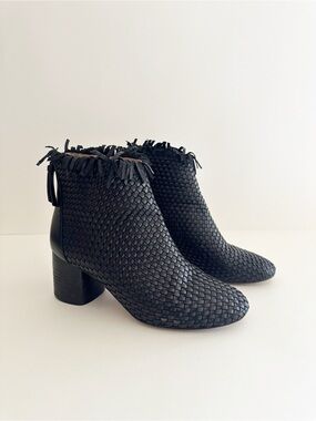 Linea Paolo Black Woven Leather fringe Sabina ankle boots